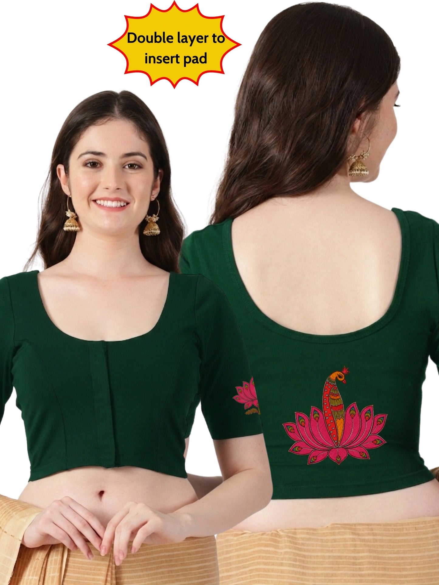 Women Front Open Back Printed Stretchable Half Sleeve Blouse U0259 Bottle Green