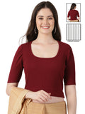 Women Plain Stretchable Rib Square Neck Puff Sleeve Blouse U0251 Maroon