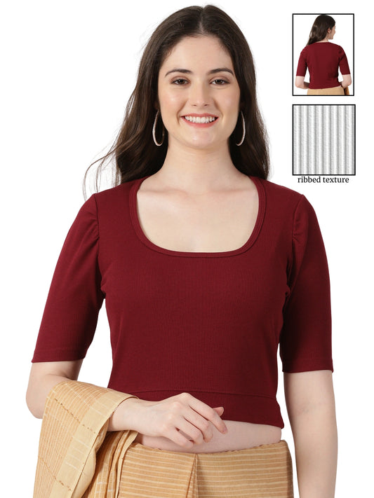 Women Plain Stretchable Rib Square Neck Puff Sleeve Blouse U0251 Maroon