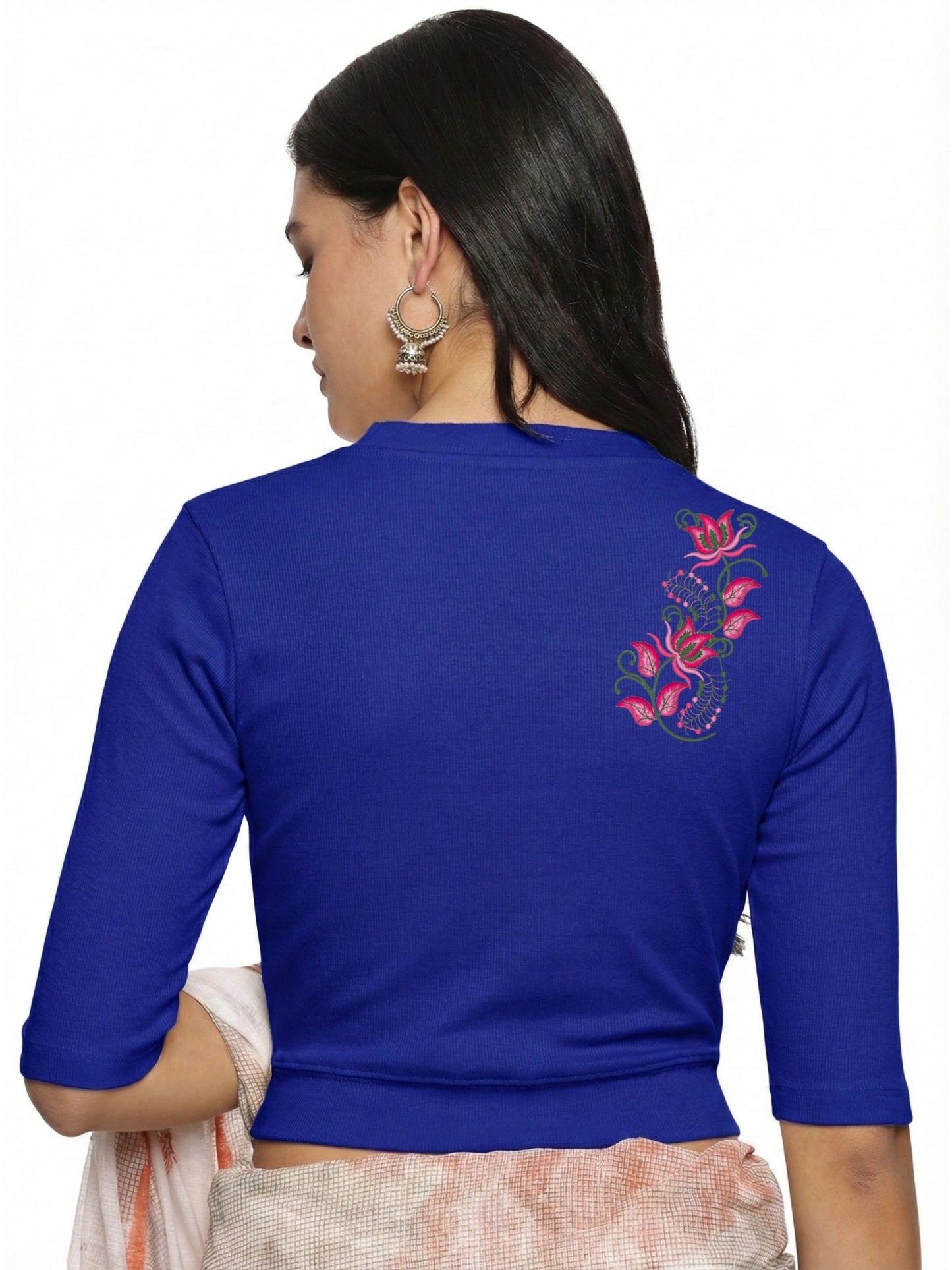 Women Back Printed Stretchable Elbow Sleeve RIB Blouse U0117 Royal Blue