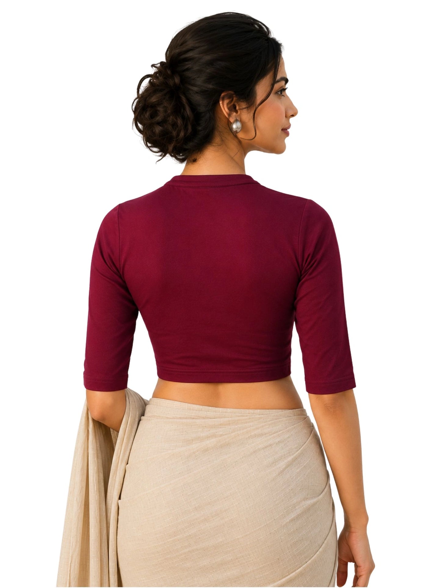 Women Mandrin Collar Plain Stretchable Elbow Sleeve Blouse U0271 Maroon