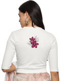 Women Back Printed Stretchable Elbow Sleeve RIB Blouse U0253 White