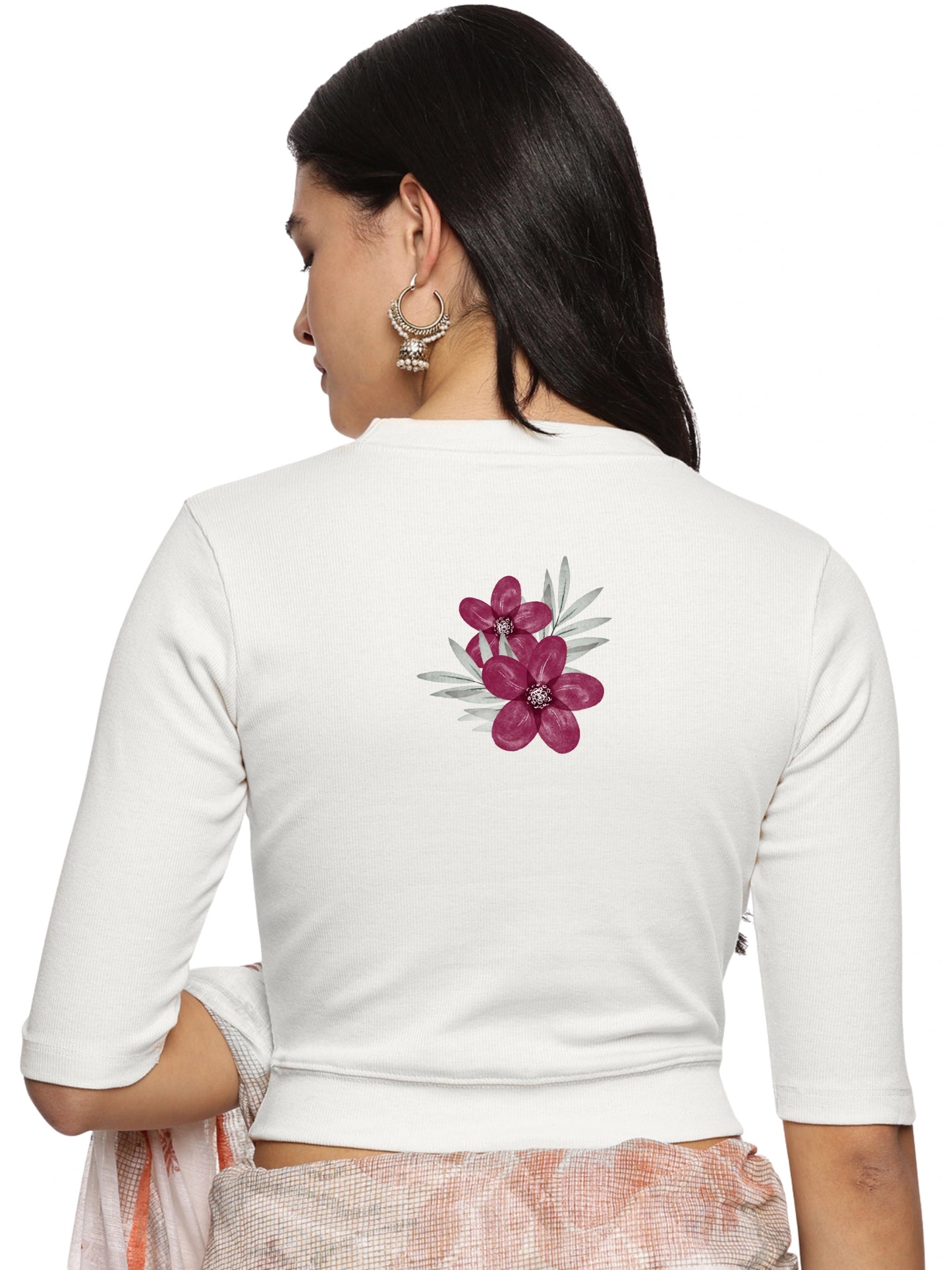 Women Back Printed Stretchable Elbow Sleeve RIB Blouse U0253 White