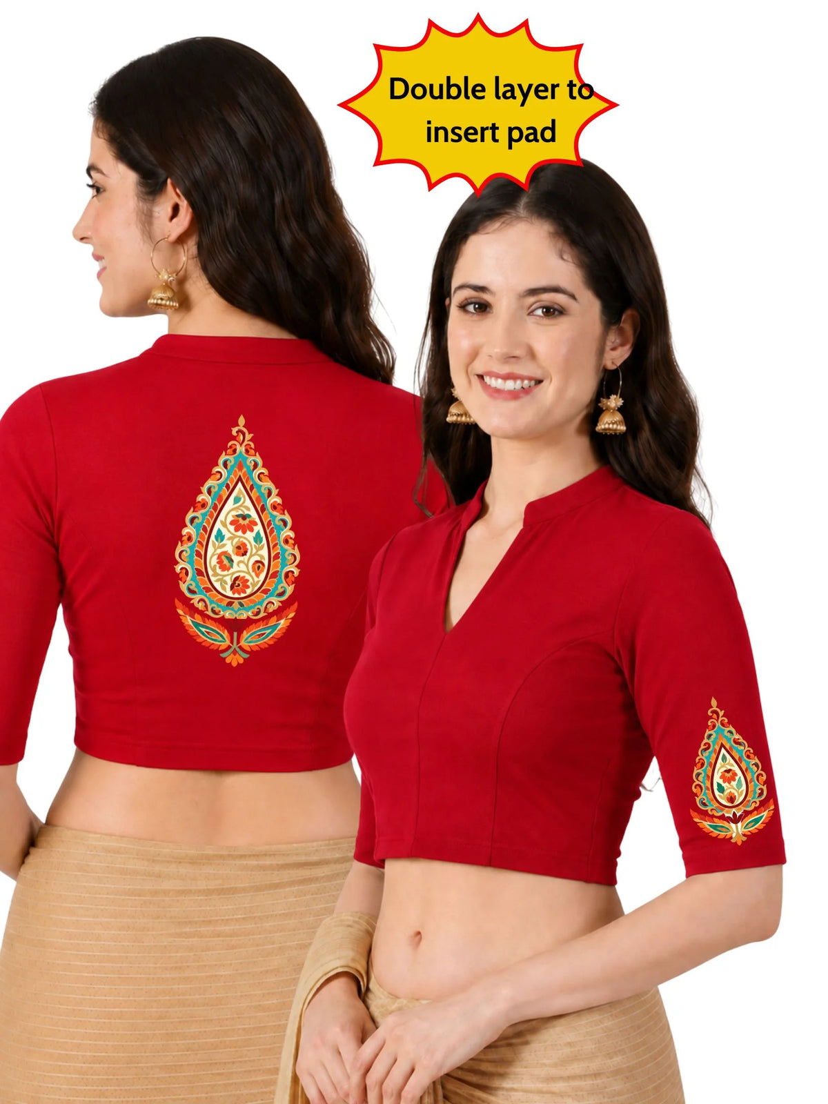 Women Mandarin Collar Back Printed Stretchable Elbow Sleeve Blouse U0279 Red