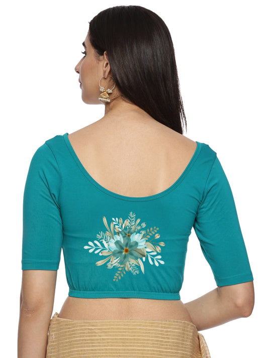 Women Back Printed Stretchable Half Sleeve Blouse U0226 Rama Green