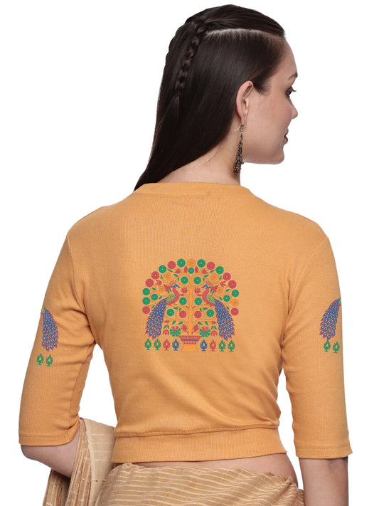 Women Back Printed Stretchable Elbow Sleeve RIB Blouse U0254 Mango