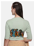 Women Back Printed Stretchable Elbow Sleeve RIB Blouse U0160 Sage Green