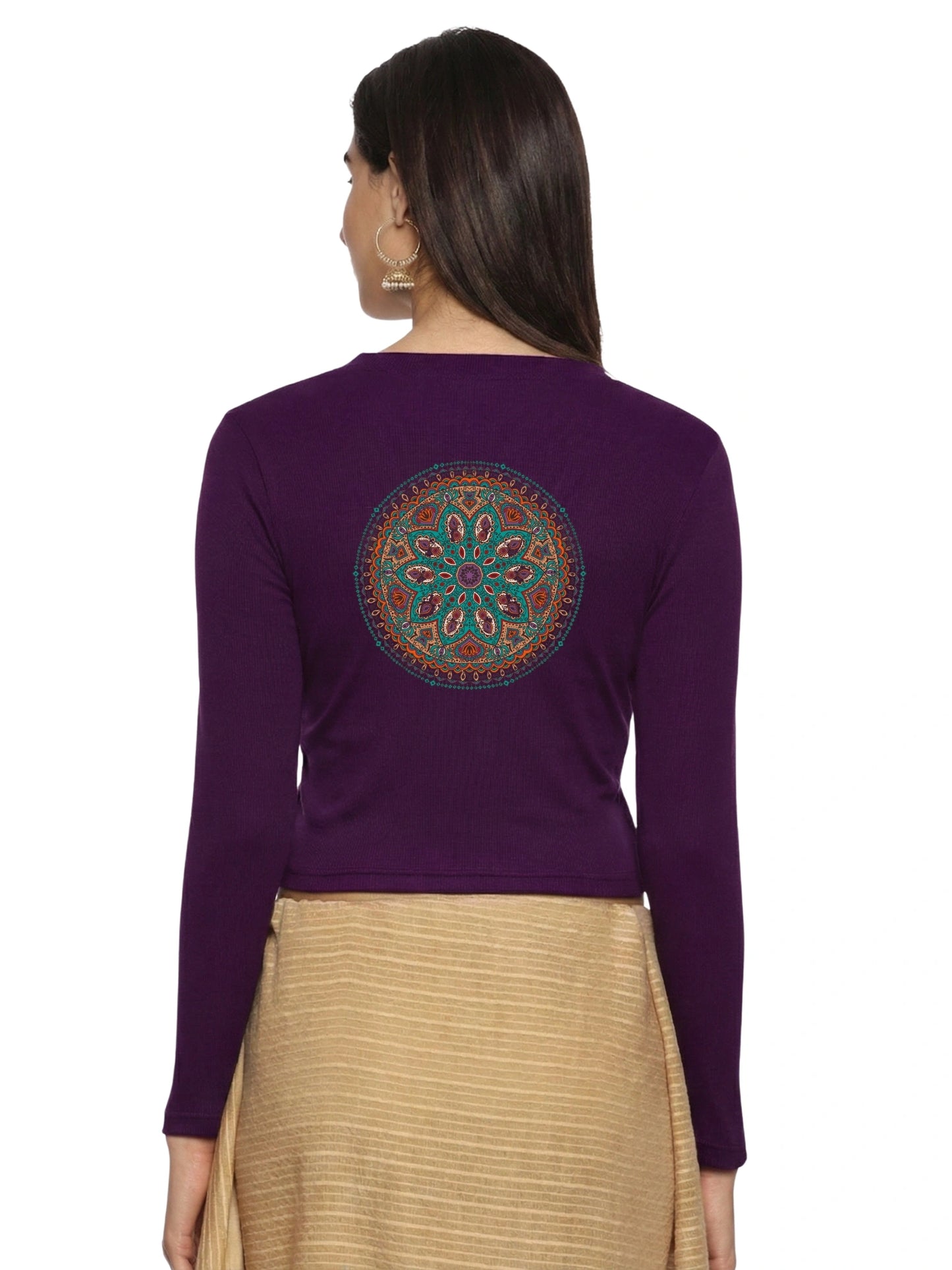 Women Back Printed Stretchable Full Sleeve V Neck RIB Blouse U0188 Violet