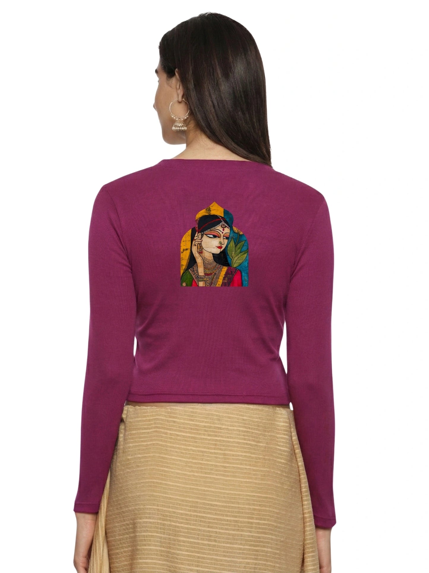 Women Back Printed Stretchable Full Sleeve V Neck RIB Blouse U0185 Wine Pink