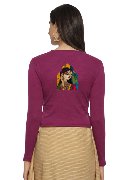 Women Back Printed Stretchable Full Sleeve V Neck RIB Blouse U0185 Wine Pink