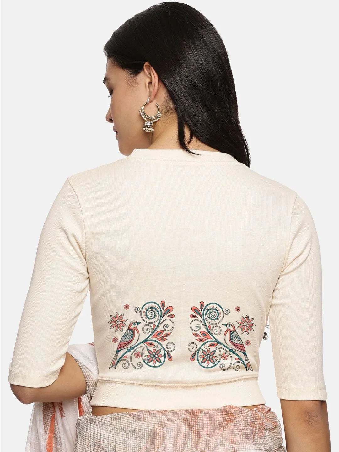 Women Back Printed Stretchable Elbow Sleeve RIB Blouse U0156 - notyetbyus