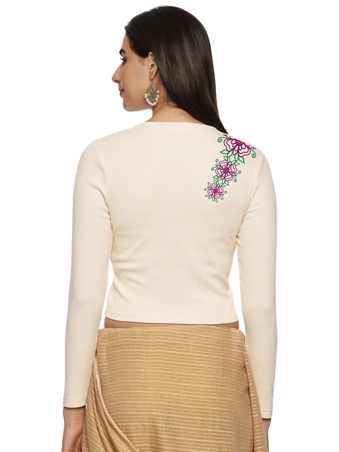 Women Back Printed Stretchable Full Sleeve V Neck RIB Blouse U0212 - notyetbyus