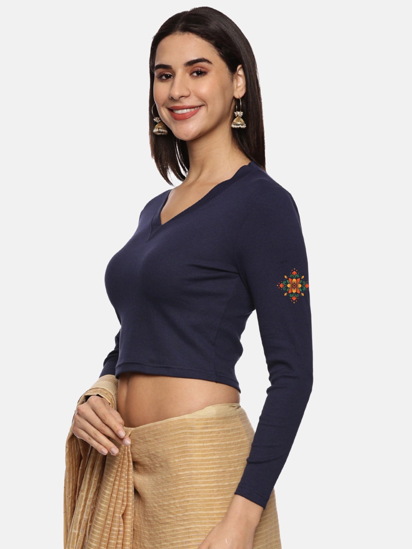 Women Back Printed Stretchable Full Sleeve V Neck RIB Blouse U0215 Navy