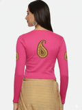 Women Back Printed Stretchable Full Sleeve V Neck RIB Blouse U0186 Rani Pink