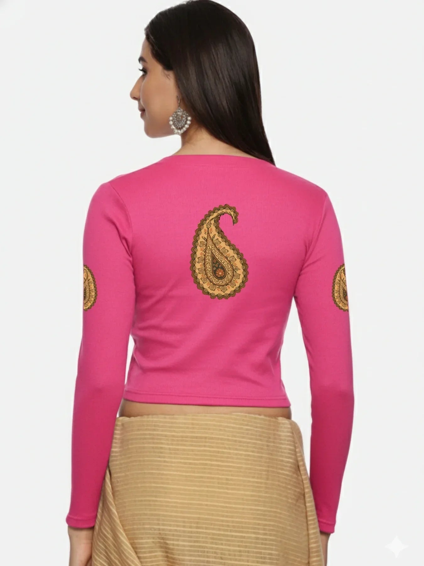 Women Back Printed Stretchable Full Sleeve V Neck RIB Blouse U0186 - notyetbyus