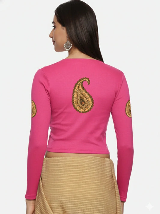 Women Back Printed Stretchable Full Sleeve V Neck RIB Blouse U0186 - notyetbyus