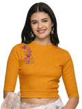 Women Back Printed Stretchable Elbow Sleeve RIB Blouse U0117 Mustard