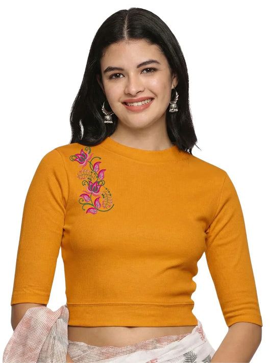 Women Back Printed Stretchable Elbow Sleeve RIB Blouse U0117 - notyetbyus