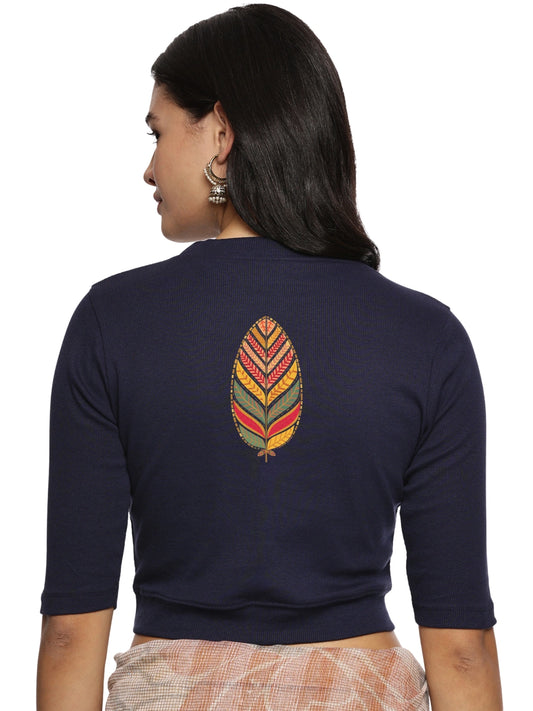 Women Back Printed Stretchable Elbow Sleeve RIB Blouse U0252 Navy