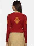 Women Back Printed Stretchable Full Sleeve V Neck RIB Blouse U0189 Burgandy