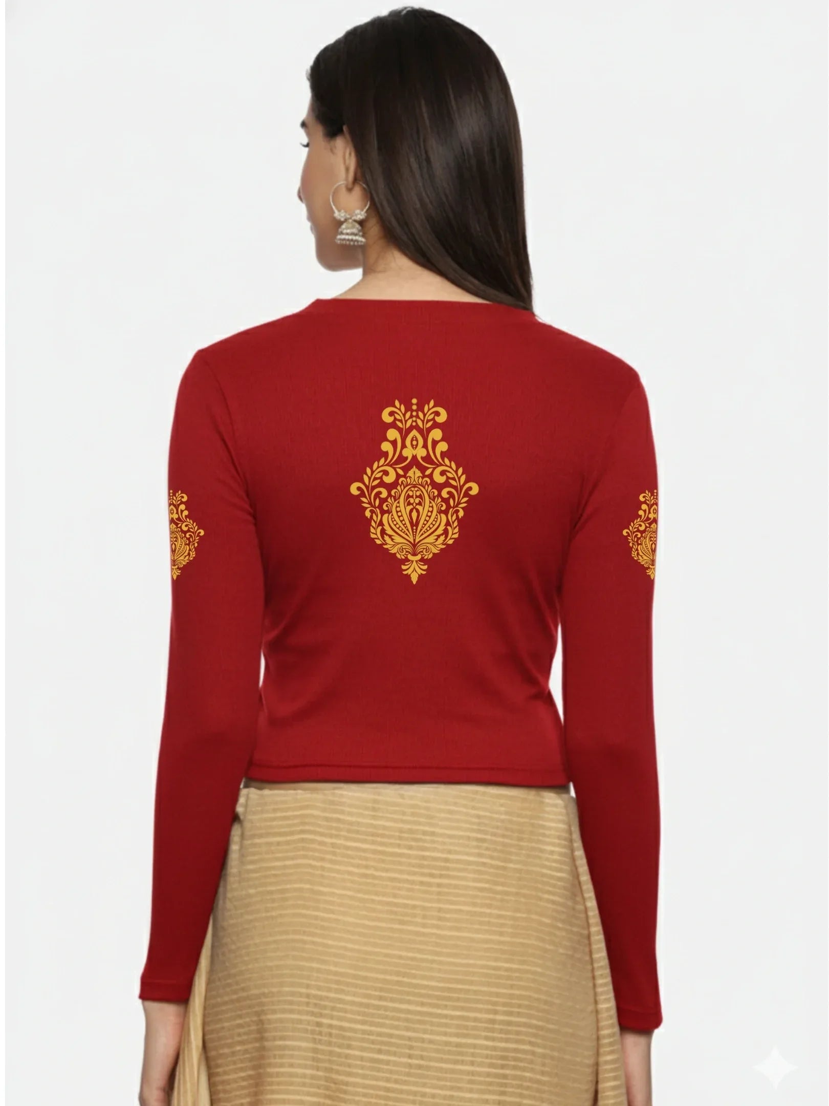 Women Back Printed Stretchable Full Sleeve V Neck RIB Blouse U0189 - notyetbyus