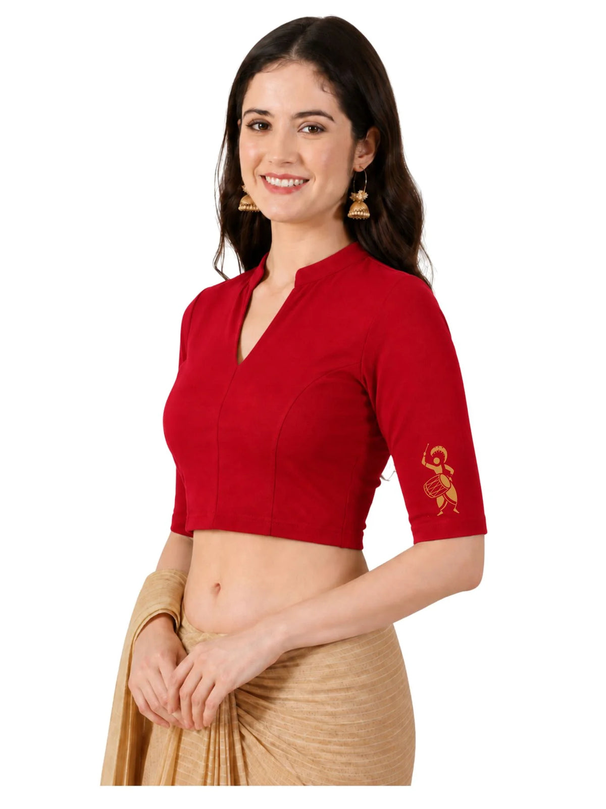 Women Mandarin Collar Back Printed Stretchable Elbow Sleeve Blouse U0272 Red