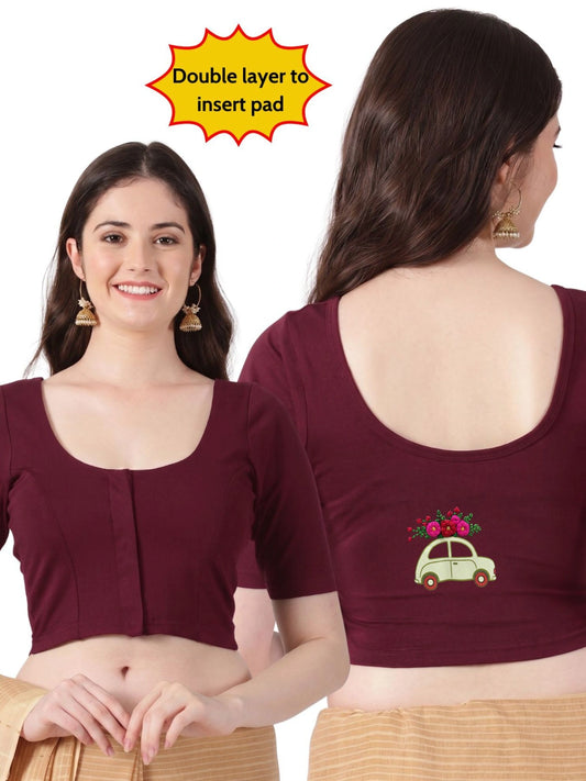 DIY Embroidery Kit with Women Front Open Stretchable Half Sleeve Blouse E013 – Maroon