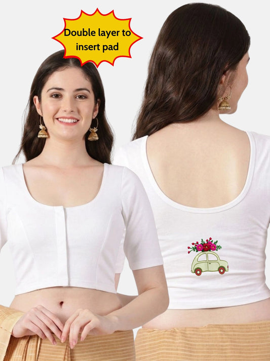 DIY Embroidery Kit with Women Front Open Stretchable Half Sleeve Blouse E013 – White
