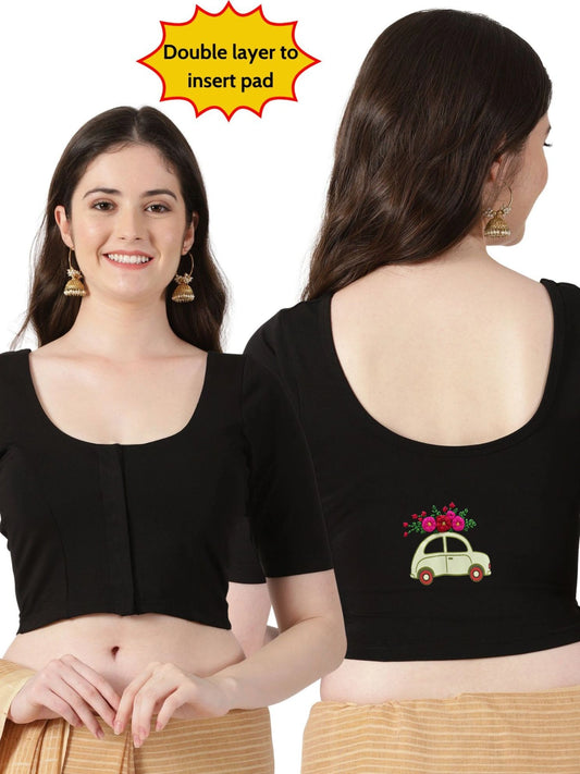 DIY Embroidery Kit with Women Front Open Stretchable Half Sleeve Blouse E013 – Black
