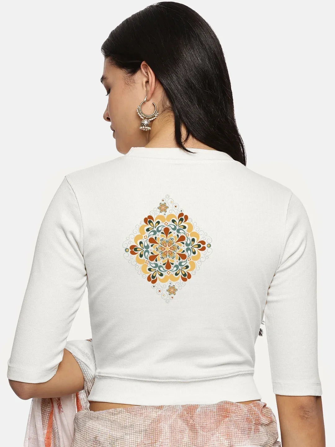 Women Back Printed Stretchable Elbow Sleeve RIB Blouse U0167 - notyetbyus