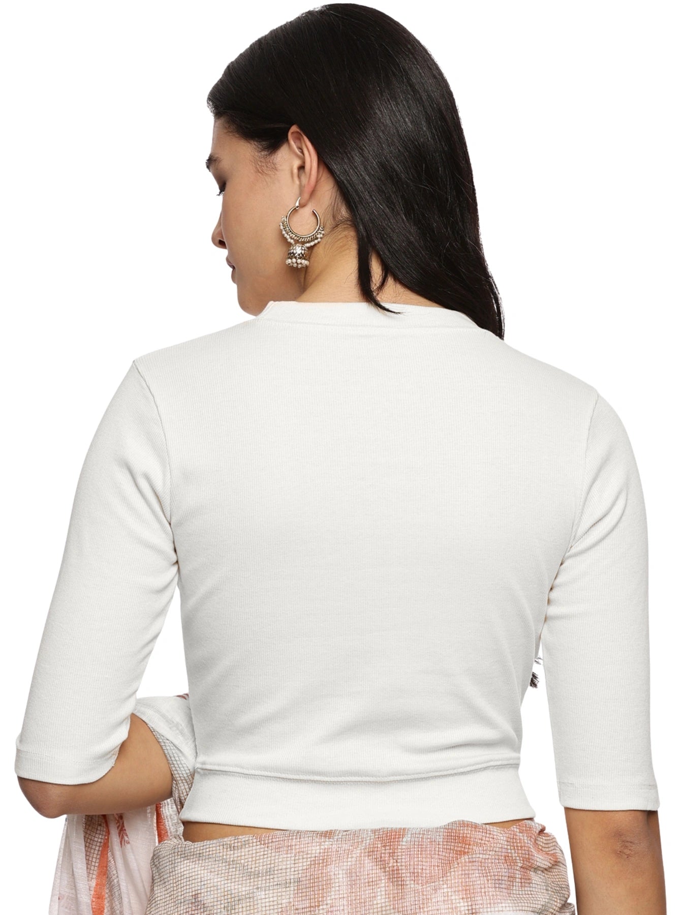 Women Plain Stretchable Elbow Sleeve RIB Blouse U0121 White