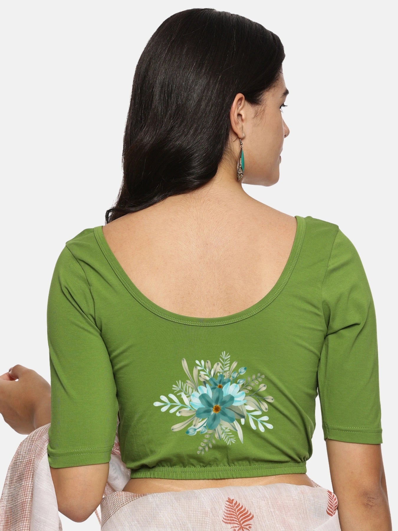 Women Back Printed Stretchable Half Sleeve  Blouse U0226 Mehndi Green