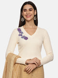 Women Back Printed Stretchable Full Sleeve V Neck RIB Blouse U0217 Cream