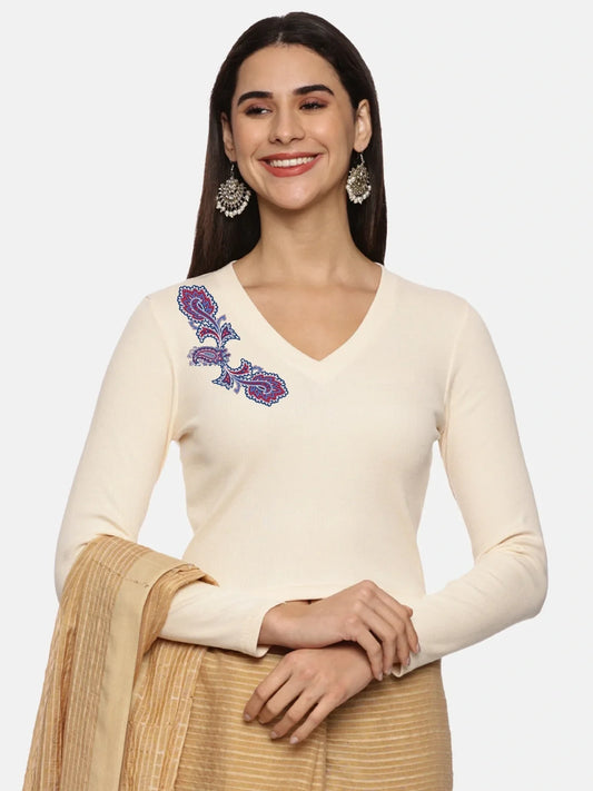 Women Back Printed Stretchable Full Sleeve V Neck RIB Blouse U0217 - notyetbyus