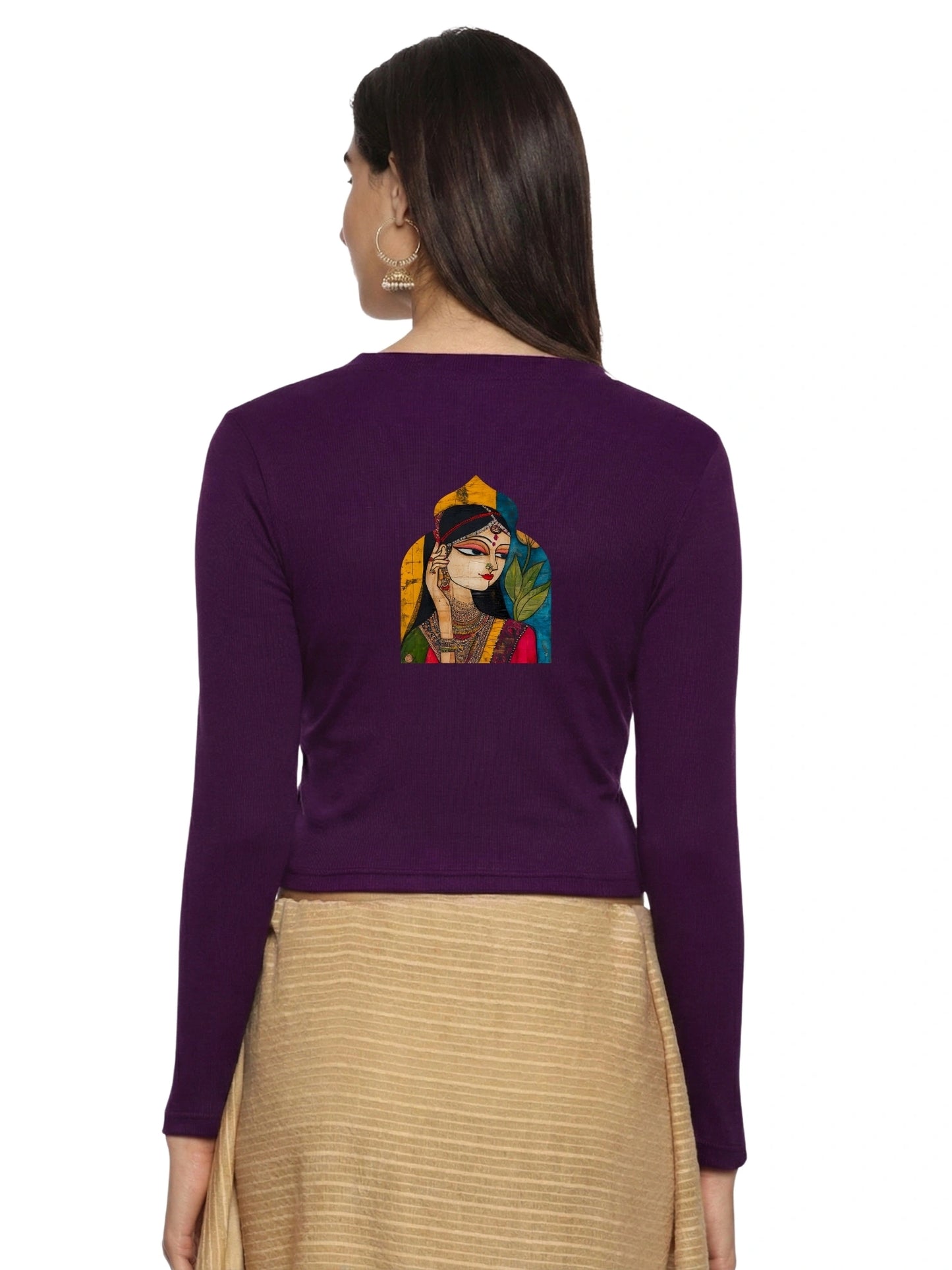 Women Back Printed Stretchable Full Sleeve V Neck RIB Blouse U0185 Violet