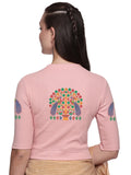 Women Back Printed Stretchable Elbow Sleeve RIB Blouse U0254 Blush Pink