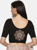 Women Back Printed Stretchable Half Sleeve  Blouse U05 Black
