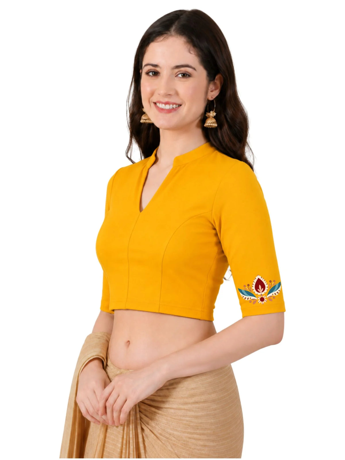 Women Mandarin Collar Back Printed Stretchable Elbow Sleeve Blouse U0280 Golden Yellow