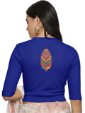 Women Back Printed Stretchable Elbow Sleeve RIB Blouse U0252 Royal Blue