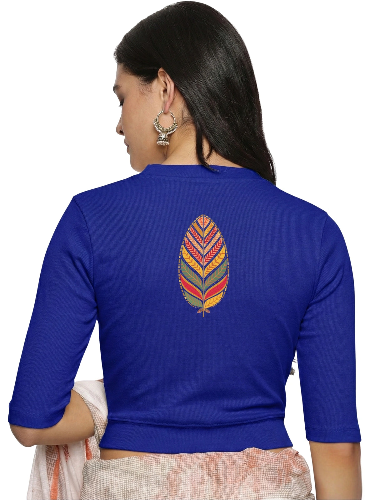 Women Back Printed Stretchable Elbow Sleeve RIB Blouse U0252 Royal Blue