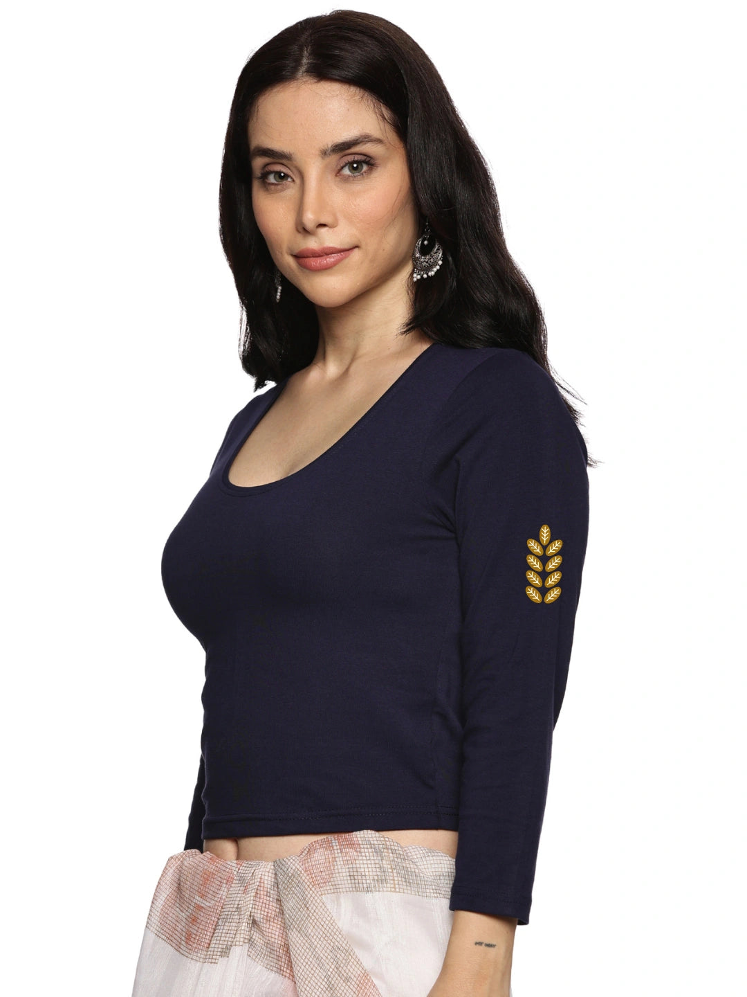 Women Three Fourth Sleeve Back Print Stretchable Blouse U0180 Navy