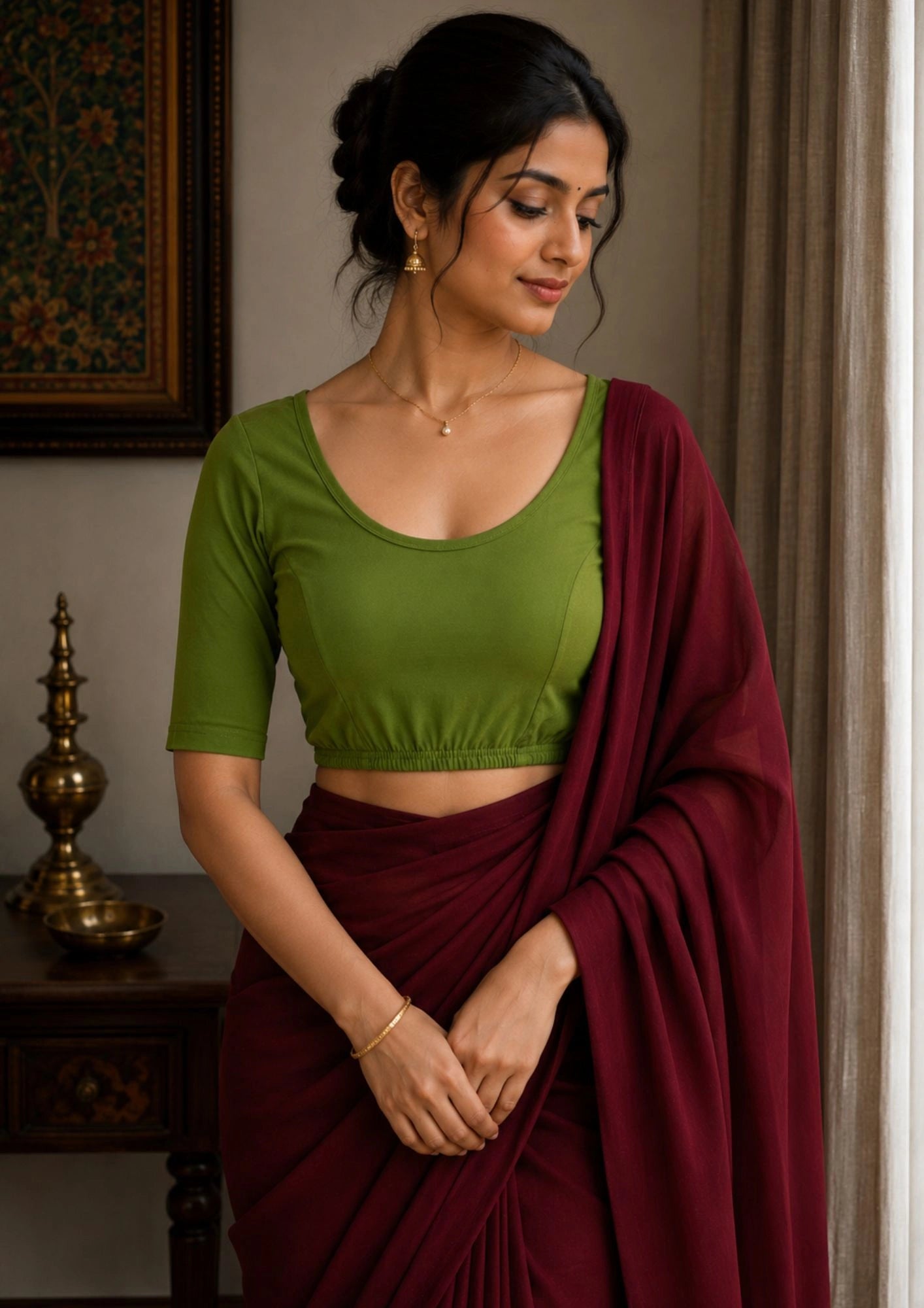 DIY Embroidery Kit with Women Stretchable Half Sleeve Blouse E0102 – Mehndi Green