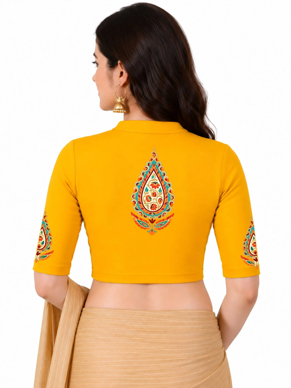 Women Mandarin Collar Back Printed Stretchable Elbow Sleeve Blouse U0279 Golden Yellow