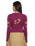 Women Back Printed Stretchable Full Sleeve V Neck RIB Blouse U0211 Wine Pink
