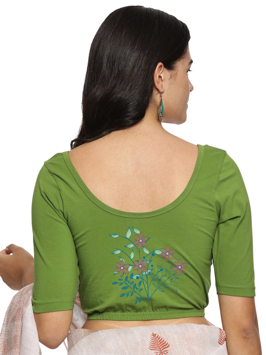 Women Back Printed Stretchable  Half Sleeve Blouse U0225 Mehndi Green