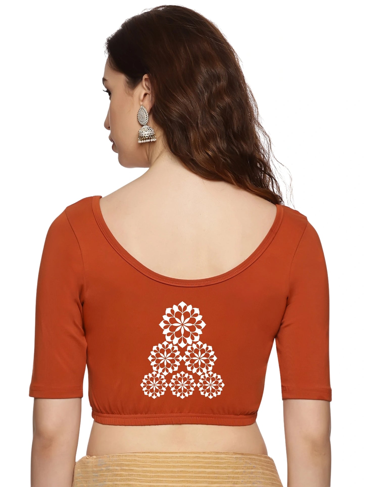 Women Back Printed Stretchable Half Sleeve Blouse U0224 Rust