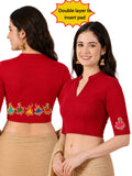 Women Mandarin Collar Back Printed Stretchable Elbow Sleeve Blouse U0281 Red