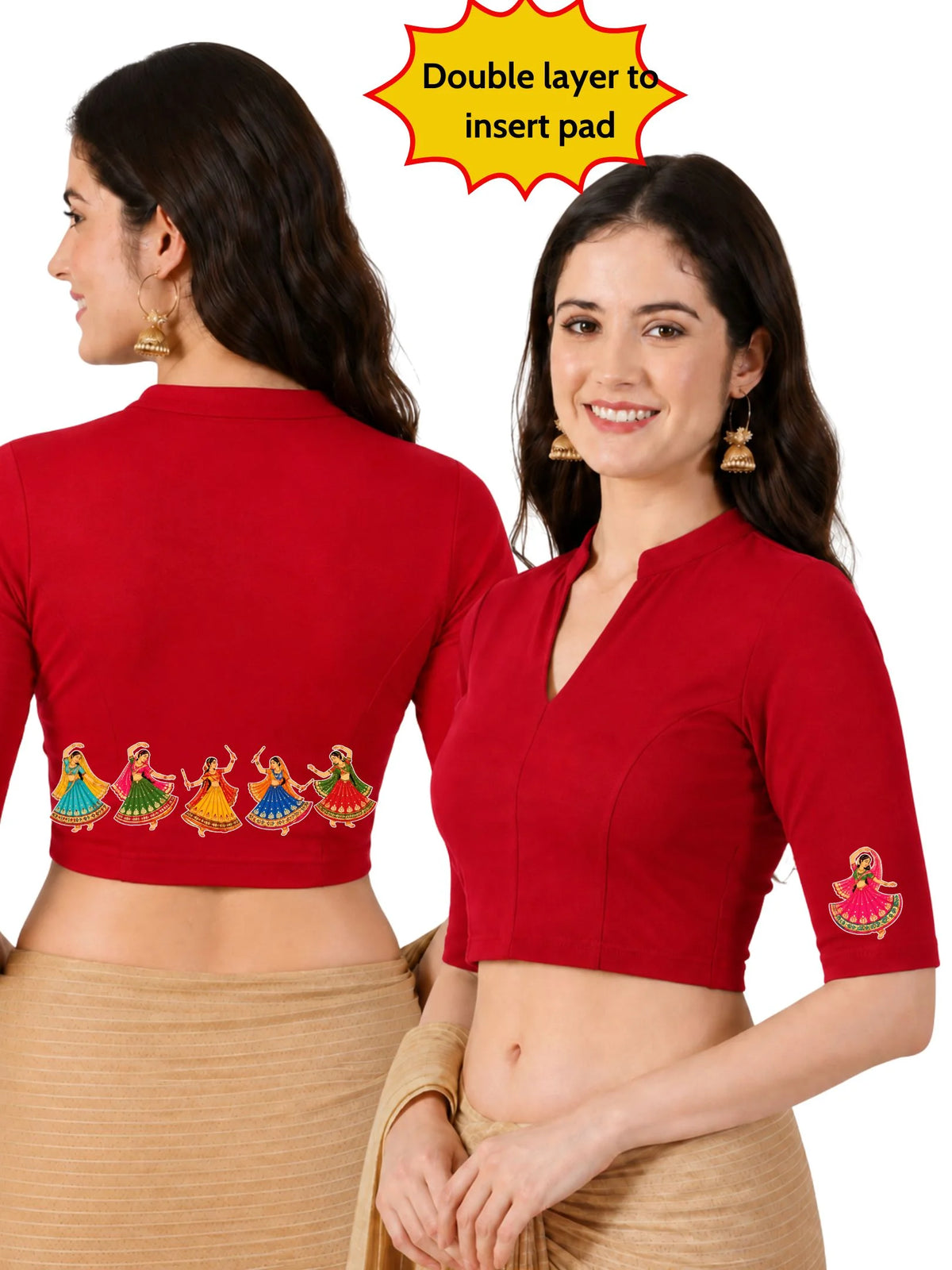 Women Mandarin Collar Back Printed Stretchable Elbow Sleeve Blouse U0281 Red