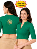 Women Mandarin Collar Back Gold Printed Stretchable Elbow Sleeve Blouse M0282 Emerald Green