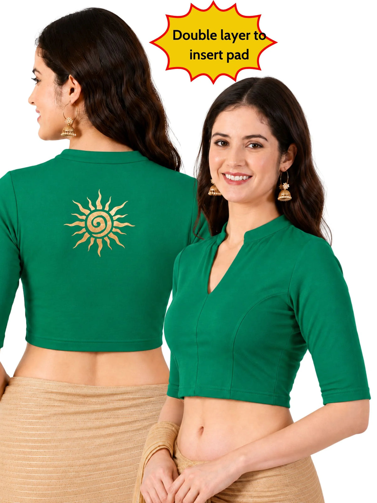 Women Mandarin Collar Back Gold Printed Stretchable Elbow Sleeve Blouse M0282 Emerald Green